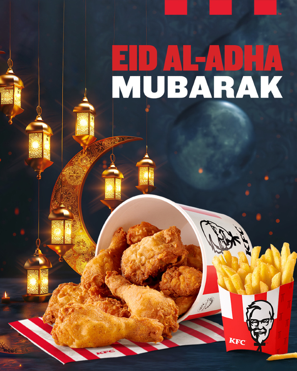 Wishing you joy, togetherness, and unforgettable flavours this Eid. 
Celebrate the feast with those who matter - and a bucket that brings everyone closer.

From all of us at KFC, Eid Mubarak!
#KFC #ItsFingerLickinGood  #EidMubarak