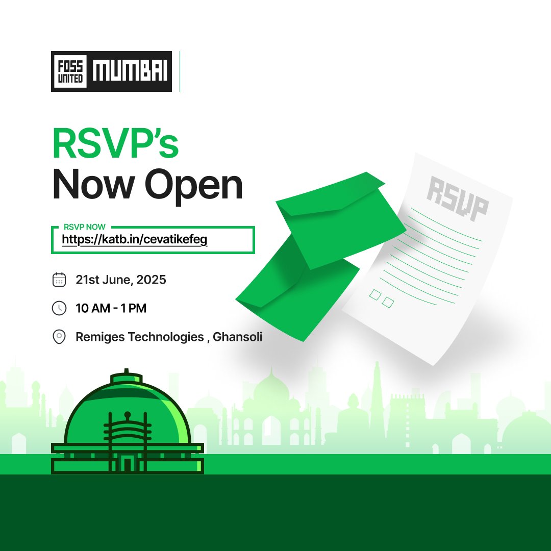 MumbaiFOSS's tweet image. RSVP now open!
Join us at FOSS United Mumbai Meetup on 21st June at Remiges Technologies, Ghansoli.
π
21st June, 2025
π 10 AM β 1 PM
π katb.in/cevatikefeg
See you there! π