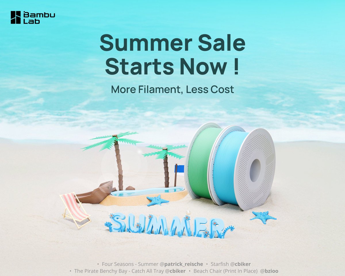 BambulabGlobal's tweet image. Summer Sale Starts Now! More filament, less cost🌞
We’ve added a new 6-roll discount tier –get your favorite filaments for as low as $13.99 / roll!
✅ Available for PLA Basic, PLA Matte, PLA Silk+, PETG HF, PETG Translucent, and ABS.
👉 share.bambulab.com/3FNHyZj
#bambulab #filament…