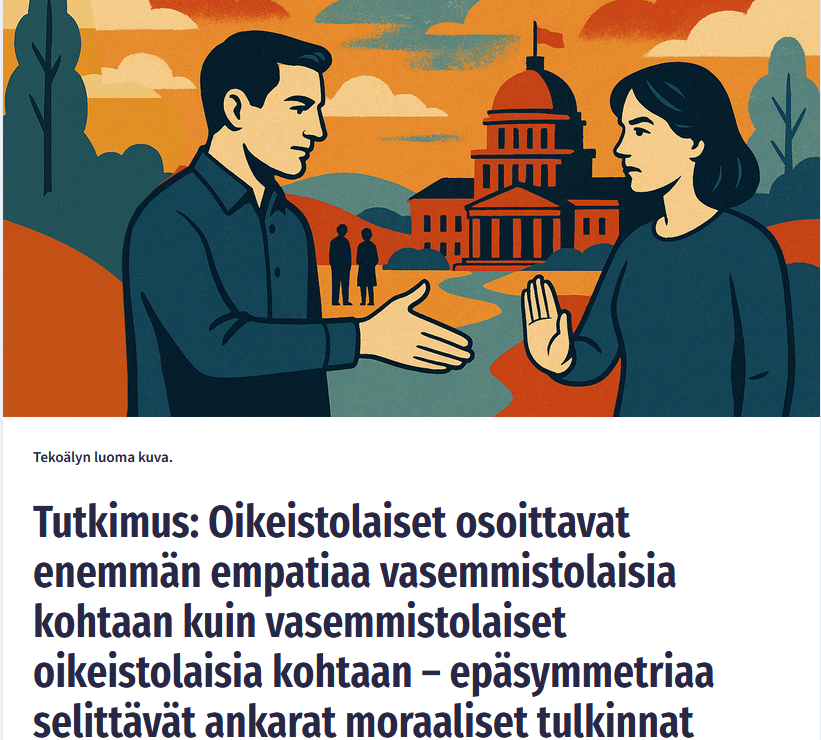 Kuva on kuin neuvostoajan propagandajulisteesta. Ehkä Sebastian Tynkkynen on tuonut vaikutteita leiriltään. Tutkimus on tosin tehty Yhdysvaltojen politiikasta ja sovelletaan Purran puheeseen empatiasta. SU: