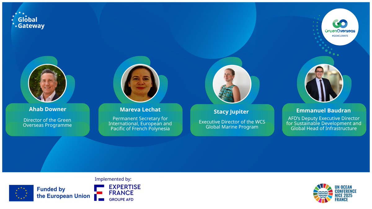 greenoverseas25's tweet photo. 🌊 It’s D-DAY at #UNOC2025!
Join us today at 3PM in the Green Zone for our high-level side event on:
Financing Innovation for the Climate–Ocean–Biodiversity Nexus 🌴🌊
📍 France Pavilion – La Baleine
🎤 Speakers ⬇️
#GO4Climate #BlueEconomy #SDG14 https://t.co/hKQBy9vQkv