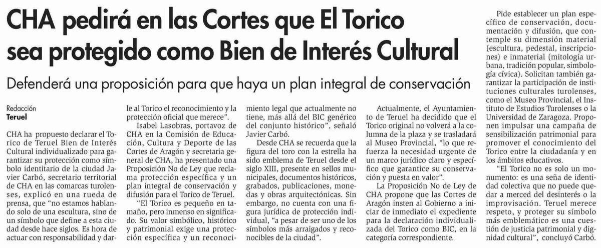 📰 <a href="/diariodeteruel/">Diario de Teruel</a>

🐂 CHA pedirá en las Cortes que El Torico sea protegido como Bien de Interés Cultural

Javier Carbó: "Su valor simbólico, histórico y patrimonial exige una protección específica y un reconocimiento legal que actualmente no tiene"