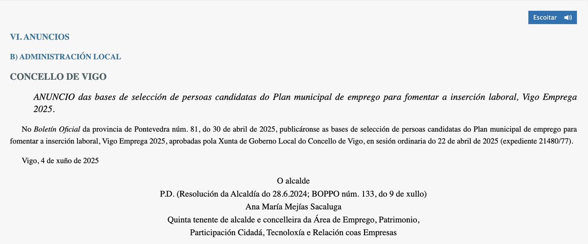 Publicado no DOG o anuncio das bases do noso programa e contratación Vigo Emprega 2025 xunta.gal/dog/Publicados… Agora podemos iniciar o procedemento de selección.