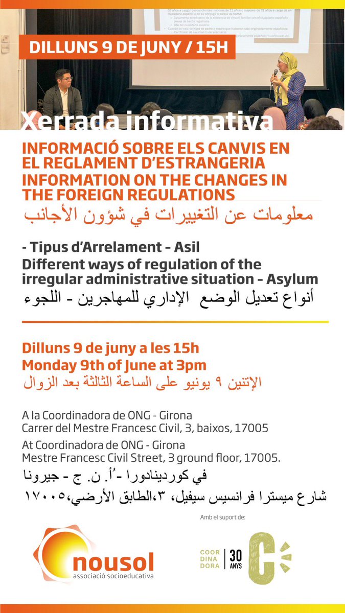 NouSol ONG (@nousolorg) on Twitter photo ///XERRADA/// INFORMACIÓ SOBRE ELS CANVIS EN EL REGLAMENT
D'ESTRANGERIA
INFORMATION ON THE CHANGES IN THE FOREIGN
REGULATIONS
🗓️Dilluns 9 de juny 15h
🗓️Monday 9th of June 3pm
📍Coordinadora de ONG - Girona
C. Mestre Francesc Civil, 3, baixos <a href="/CoordONGs/">Coordinadora d'ONG Solidàries</a> ///XERRADA/// INFORMACIÓ SOBRE ELS CANVIS EN EL REGLAMENT
D'ESTRANGERIA
INFORMATION ON THE CHANGES IN THE FOREIGN
REGULATIONS
🗓️Dilluns 9 de juny 15h
🗓️Monday 9th of June 3pm
📍Coordinadora de ONG - Girona
C. Mestre Francesc Civil, 3, baixos <a href="/CoordONGs/">Coordinadora d'ONG Solidàries</a>