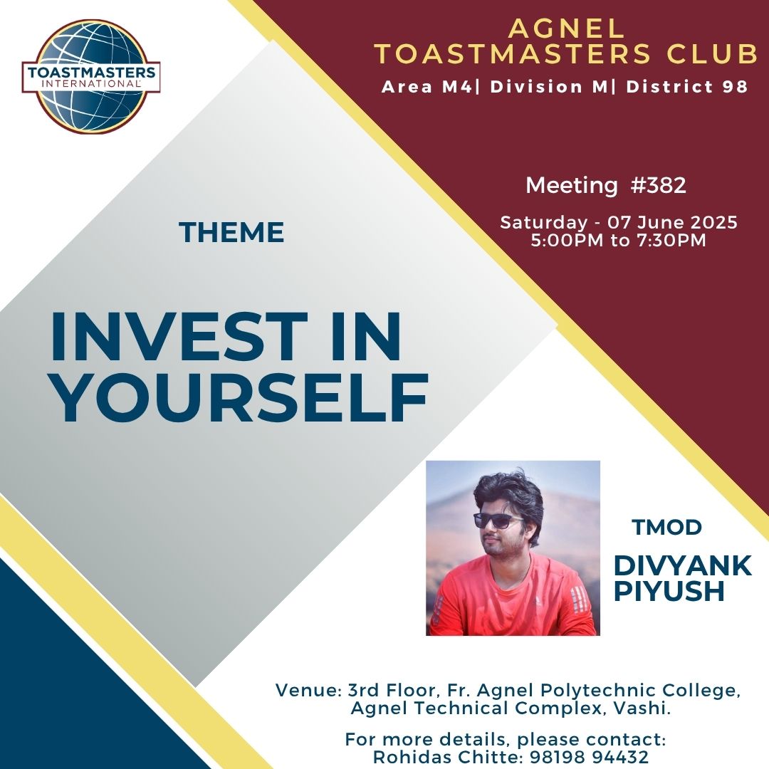 Meeting #382.  Theme Invest in Yourself

#toastmasters #leadershipskills #presentationskills #vashi #navimumbai