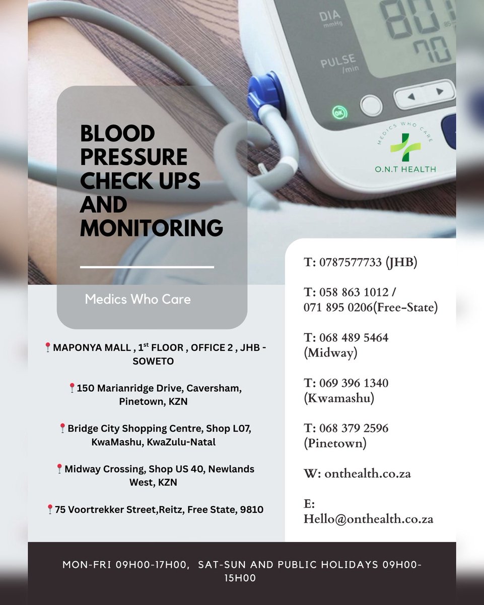 MedicsWhoCare's tweet image. BP Check Ups and Monitoring available at all our practices
Walk-ins are welcome ✨
Closing times today : 17:00
By Dr. O.N Vilakazi @OlwethuVilakazi