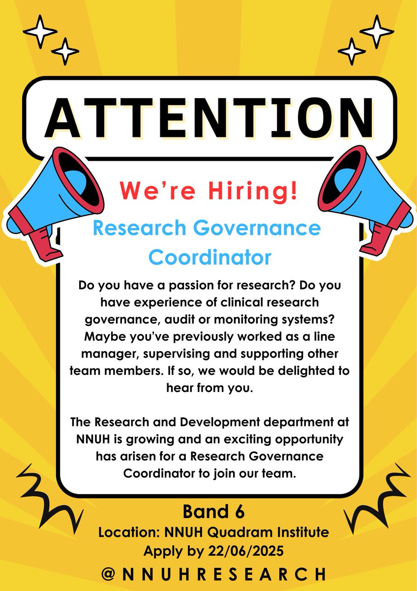 NNUH Research (@nnuhresearch) on Twitter photo We're Hiring! Join the Team!
📜 Research Governance Coordinator
💰 Band 6: £37,338 - £44,962
📍 NNUH Quadram Institute
📅 Apply by 22/06/2025
➡️healthjobsuk.com/job/UK/Norfolk…
<a href="/NNUH/">Norfolk and Norwich University Hospitals</a> #NIHR We're Hiring! Join the Team!
📜 Research Governance Coordinator
💰 Band 6: £37,338 - £44,962
📍 NNUH Quadram Institute
📅 Apply by 22/06/2025
➡️healthjobsuk.com/job/UK/Norfolk…
<a href="/NNUH/">Norfolk and Norwich University Hospitals</a> #NIHR