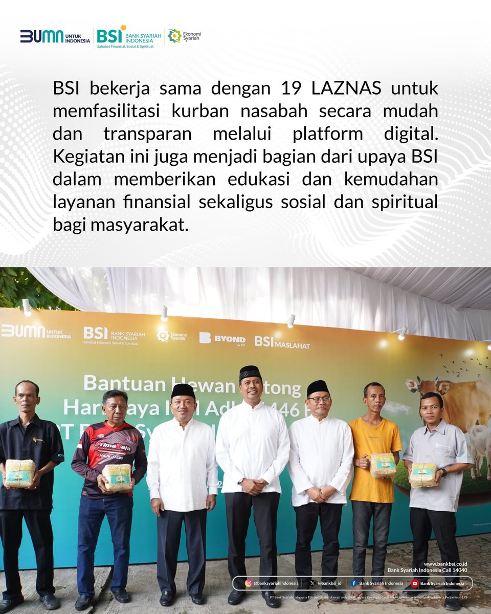 Assalamu'alaikum, Sahabat Syariah! 

PT Bank Syariah Indonesia Tbk (BSI) menyalurkan total 15.272 hewan kurban, terdiri dari 379 sapi dan 14.893 kambing, kepada masyarakat dhuafa di seluruh Indonesia. Jumlah ini meningkat 144% dibandingkan tahun lalu.
⁣
Penyerahan daging kurban
