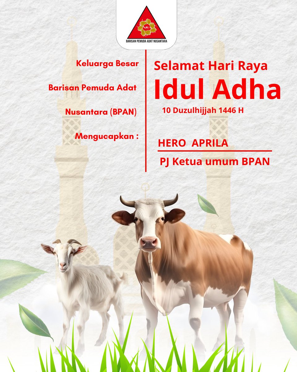 Selamat Hari Raya Idul Adha, 10 Duzulhijjah 1446 H/ 6 Mei 2025

Momen Suci yang mengajarkan kita tentang arti pengorbanan, keiklasan dan kesabaran. 

#PemudaAdat
#MasyrakatAdat
#SahkanRUUMasyarakatAdat
#HariRayaIdulAdha🐮🐏🐄🐐