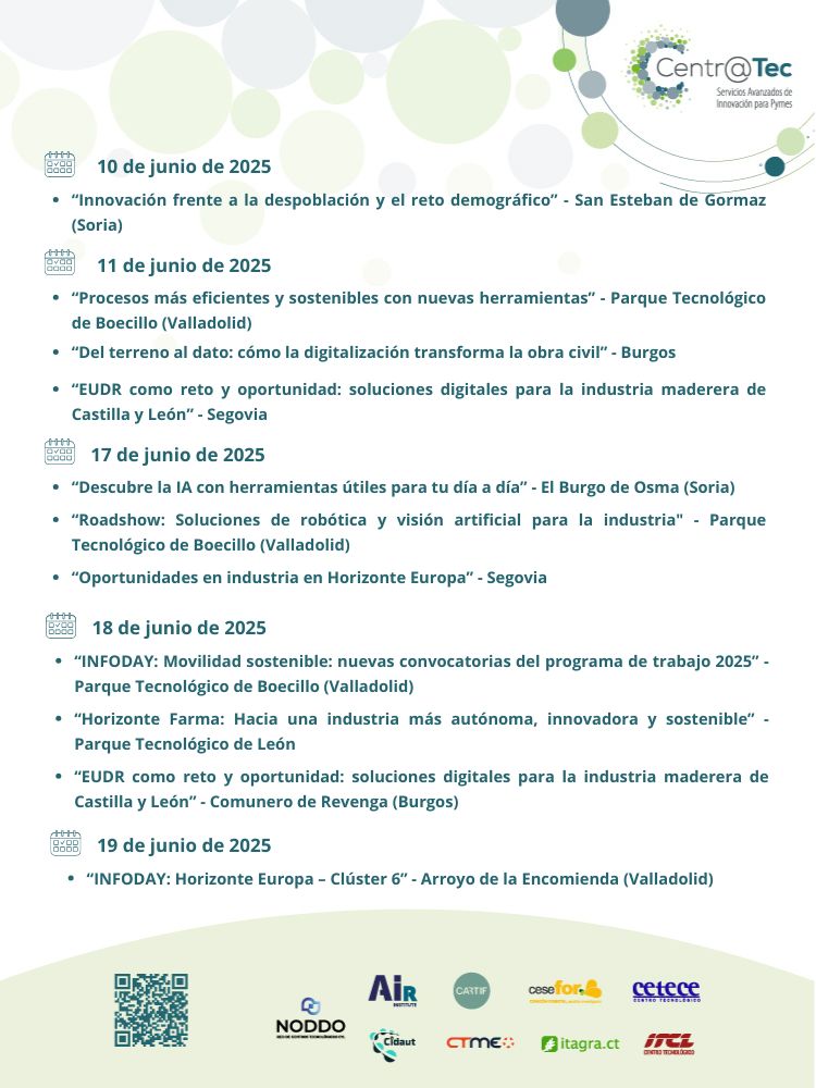 Competitividad Empresarial JCyL (@empresasjcyl) on Twitter photo 🎉Como cada viernes, actualizamos los eventos #centratec hasta el 19 de junio
🆗Seguro que alguno se adapta a tus necesidades
¡Actualiza tu📅y no te despistes!
#Innovación
<a href="/TheAirInstitute/">AIR Institute</a> <a href="/CARTIFCT/">CARTIF</a> @Fcesefor <a href="/CETECE_/">CETECE</a>
<a href="/Cidaut/">Cidaut</a> <a href="/Fundacion_CTME/">Fundación CTME</a> <a href="/ITAGRACT/">ITAGRA.CT</a> <a href="/_ITCL/">ITCL Centro Tecnológico</a>
<a href="/RedNODDO/">NODDO</a> 🎉Como cada viernes, actualizamos los eventos #centratec hasta el 19 de junio
🆗Seguro que alguno se adapta a tus necesidades
¡Actualiza tu📅y no te despistes!
#Innovación
<a href="/TheAirInstitute/">AIR Institute</a> <a href="/CARTIFCT/">CARTIF</a> @Fcesefor <a href="/CETECE_/">CETECE</a>
<a href="/Cidaut/">Cidaut</a> <a href="/Fundacion_CTME/">Fundación CTME</a> <a href="/ITAGRACT/">ITAGRA.CT</a> <a href="/_ITCL/">ITCL Centro Tecnológico</a>
<a href="/RedNODDO/">NODDO</a>