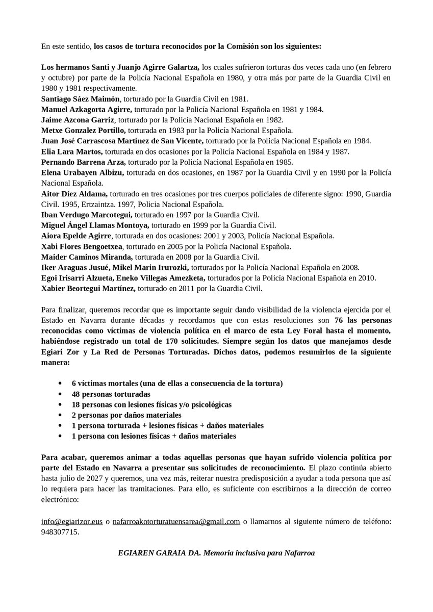 🔴 EL GOBIERNO DE NAVARRA RECONOCE A 
OTRAS 21 VÍCTIMAS DE LA TORTURA EN NAVARRA