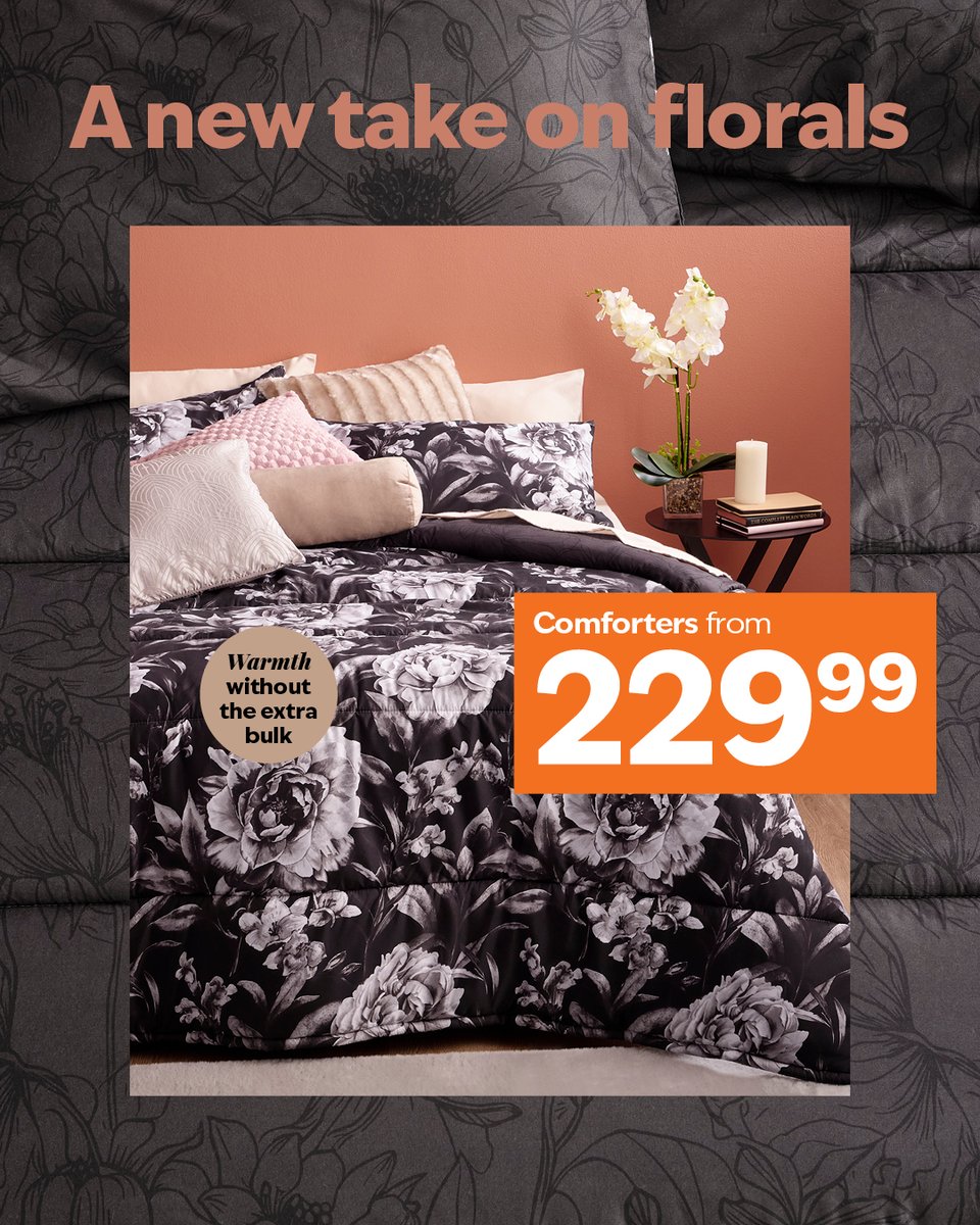 Looking for moody winter colours but still love florals? Problem solved ✔ Shop our new comforter print in store or at tinyurl.com/3wccuvx3

104297128 Rosa Floral Comforter
3/4 R229.99
D R299.99
Q R369.99
K R399.99
XLK R439.99