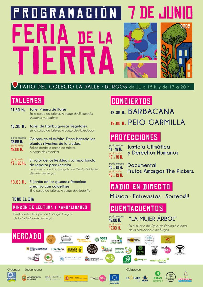 Desde UBUVerde os queremos recordar *LA FERIA DE LA TIERRA*🌍🌱🍎.

*¡Es MAÑANA!*

🗓 7 de Junio 2025
🕐 De 11h a 15h y de 17h a 20h
📍 Colegio La Salle (Avda. del Cid)
🌱 Actividades, talleres, música, puestos de venta

Página web*📢: ubu.es/agenda/feria-d…