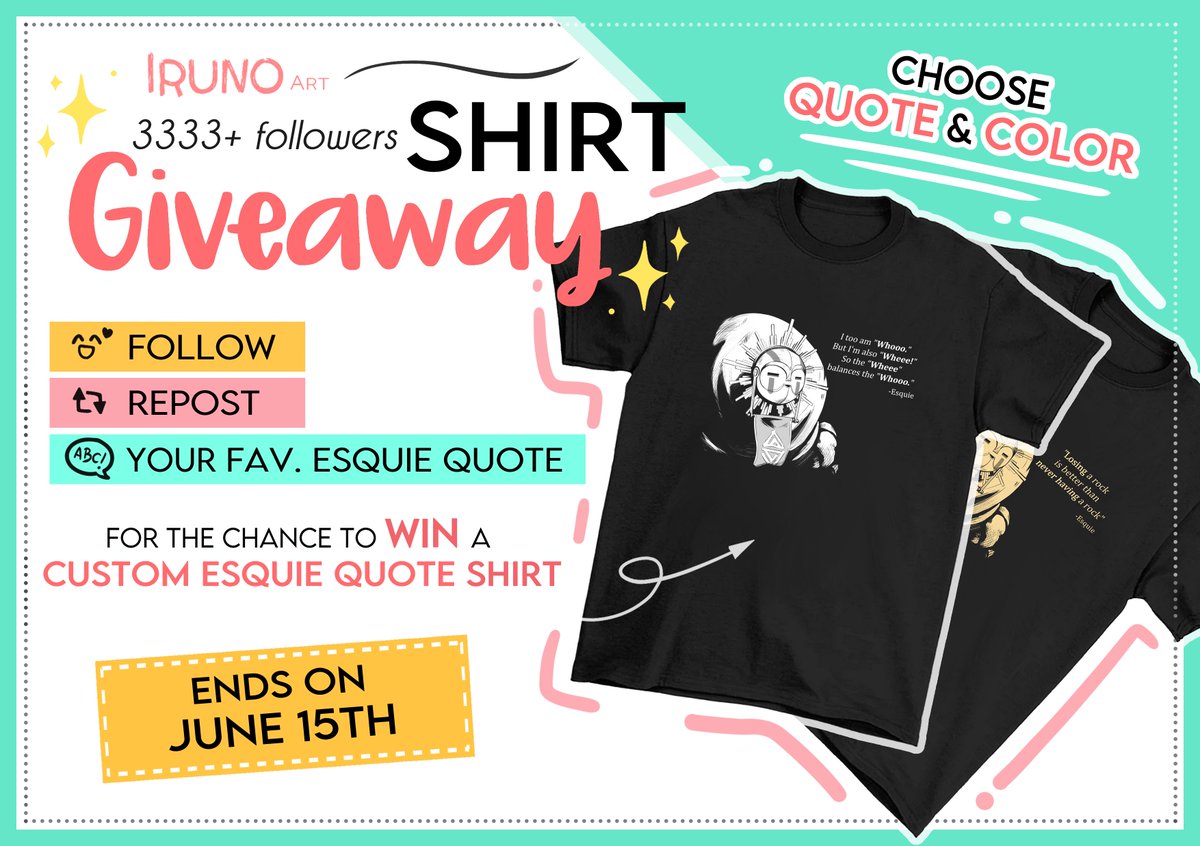 ✨ 3333+ GIVEAWAY!!! ✨ 

🌸 Follow
💫 Repost
💬 Reply your fav. Esquie quote

✧ Winner will receive a custom black cotton shirt with your fav. Esquie quote in white or yellow.
✧ 𝗦𝗵𝗶𝗽𝗽𝗶𝗻𝗴 included 𝘂𝗽 𝘁𝗼 𝟮𝟱€
✧ Ends June 15th

 + Info 🔽 🧵 

Good luck mes amis!💗