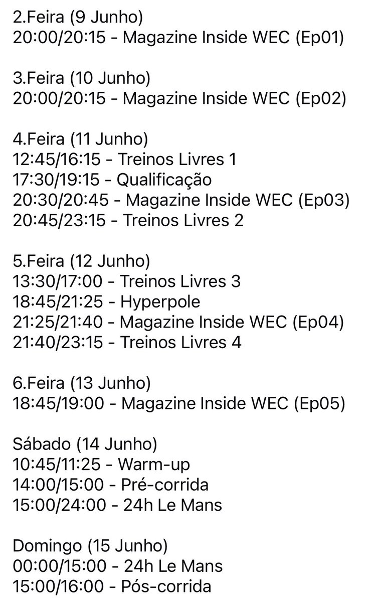 joao carlos costa (@jcccomentador) on Twitter photo Chegou a hora da grande corrida do ano. <a href="/EurosportTV_Por/">Eurosport Portugal</a> transmite mais de 43 horas de emissão sobre a edição 2025 das 24 horas de Le Mans. Tudo em directo, desde o primeiro Treino Livre até à festa do pódio, para além de 5 episódios do “Inside WEC”. A não perder.
Horários: Chegou a hora da grande corrida do ano. <a href="/EurosportTV_Por/">Eurosport Portugal</a> transmite mais de 43 horas de emissão sobre a edição 2025 das 24 horas de Le Mans. Tudo em directo, desde o primeiro Treino Livre até à festa do pódio, para além de 5 episódios do “Inside WEC”. A não perder.
Horários: