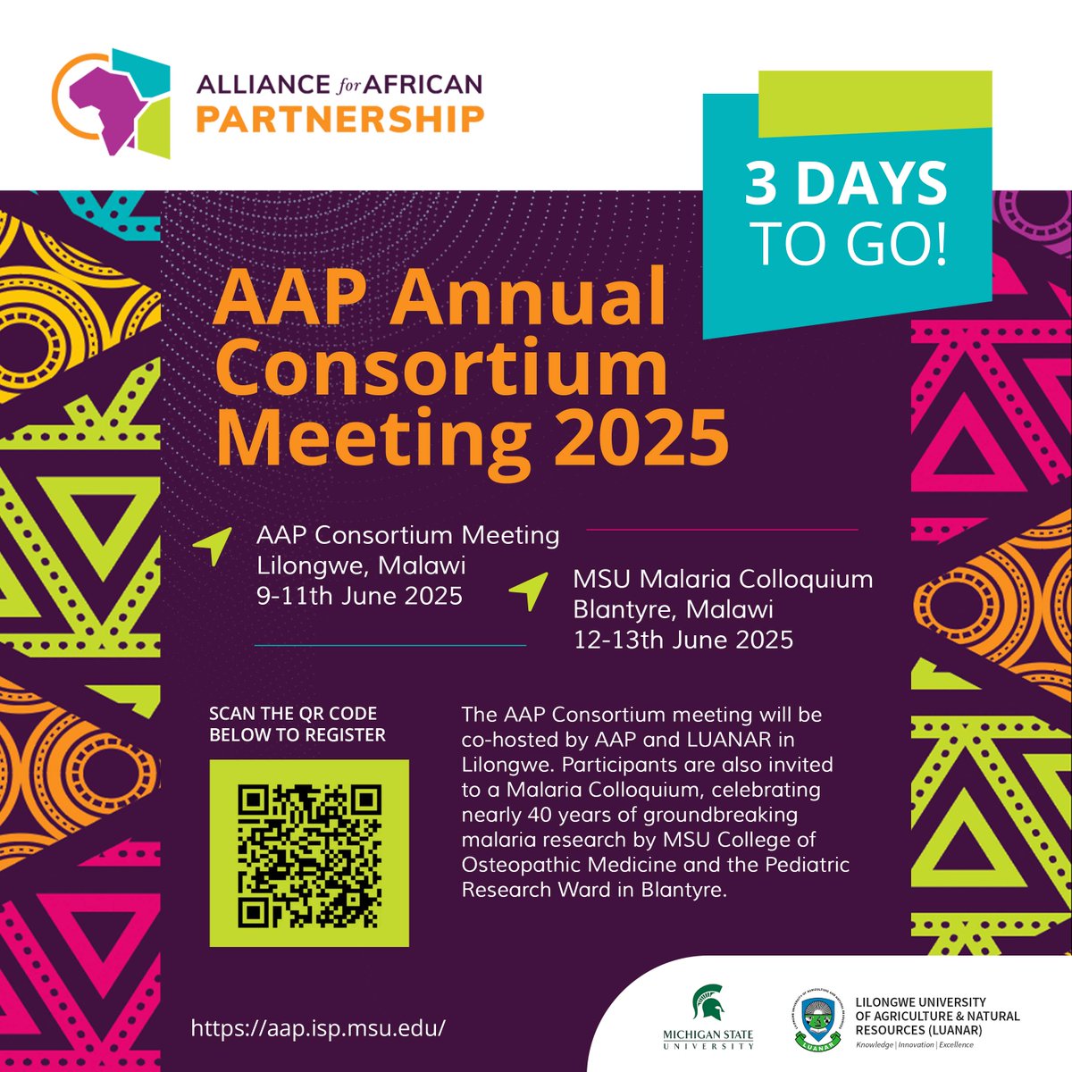 JUST 3 DAYS TO GO!!

AAP ANNUAL CONSORTIUM MEETING 2025
Lilongwe, Malawi.

Scan the QR Code to register!!!