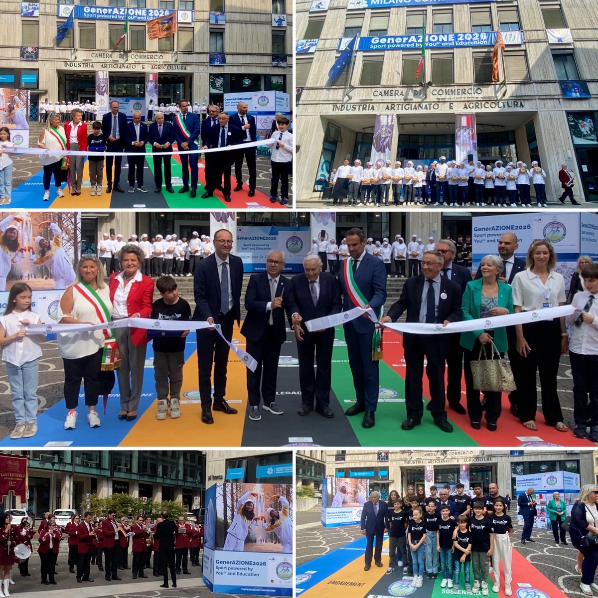 In una meravigliosa piazza Borsa vestita a festa GenerAZIONE2026 Gen26 il Presidente Pozza, il Prof.Ascani, il Sindaco Conte, l’Assessore Regionale Caner la rappresentante della Fondazione Milano Cortina inaugurano le mostre della 4a edizione di GenerAZIONE2026!!!