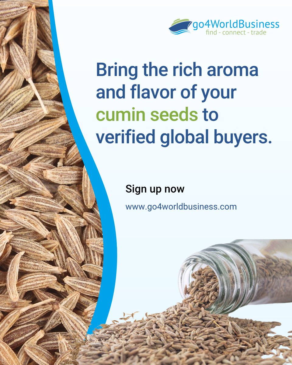 FindBuyers's tweet image. The global cumin seed market is set to hit $1.8B by 2033, growing at 6.5% annually.
Now’s the time to take your cumin exports global.
Sign up on go4WorldBusiness to connect with verified buyers:
go4worldbusiness.com/seller/signup?…
#CuminSeeds #SpiceExport #B2BTrade #Go4WorldBusiness