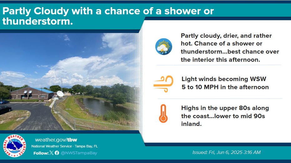 Partly cloudy and hot.  Chance of a shower or thunderstorm.  Highs in the upper 80s along the coast...lower to mid 90s inland.