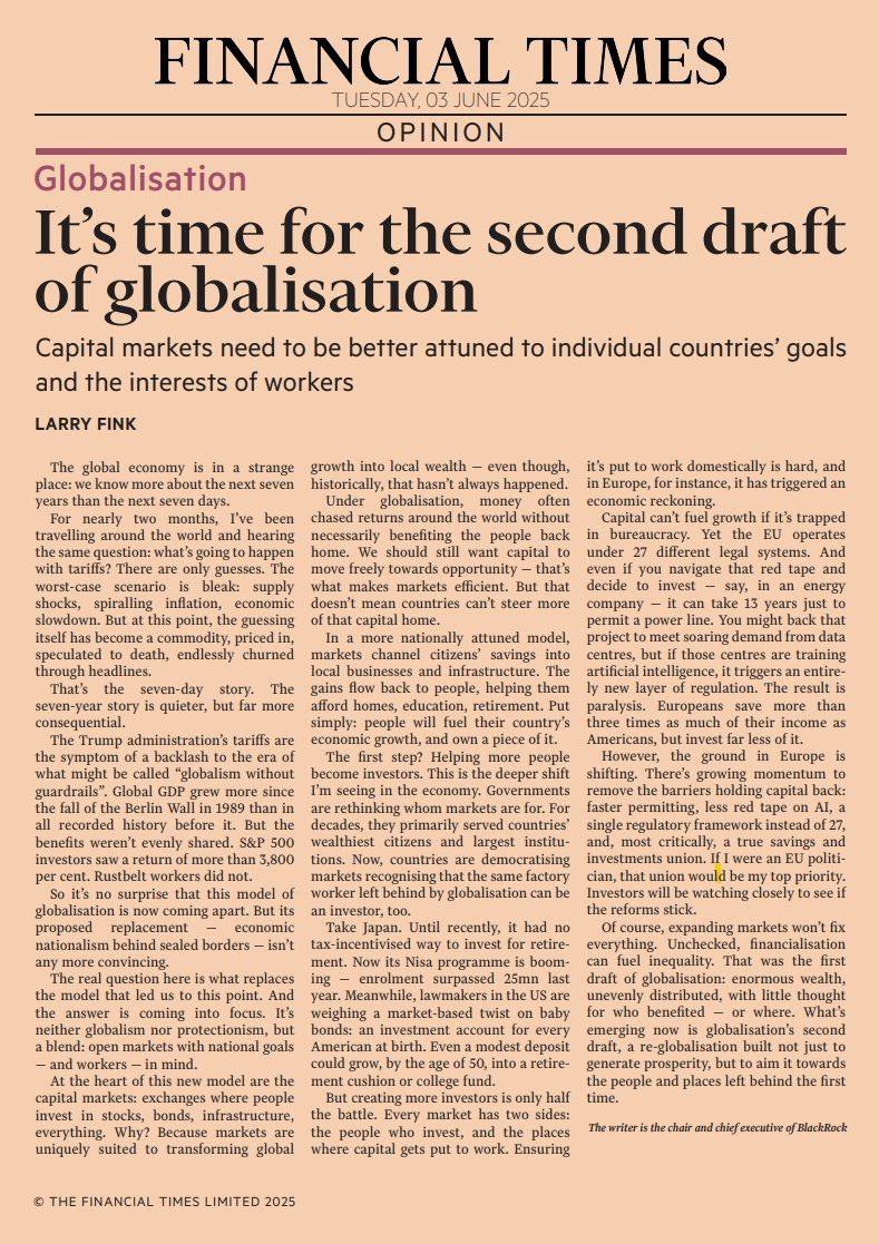 Failure of globalization’s first draft, that has produced unchecked financialialization which fueled global inequity, calls for a second draft (re-globalization) that is built not just to generate prosperity but an inclusive growth—urgues Larry Fink.