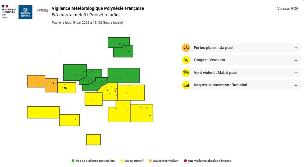 🟠 #VigilanceOrange #FortesPluies en Polynésie Française pour les Iles sous le vent et Mopelia jusqu'à vendredi matin (heure locale).

🌧️ De forts cumuls de précipitations sont possibles par endroits, en particulier près du relief des îles hautes.

⚠️ meteo.pf/fr/vigilance