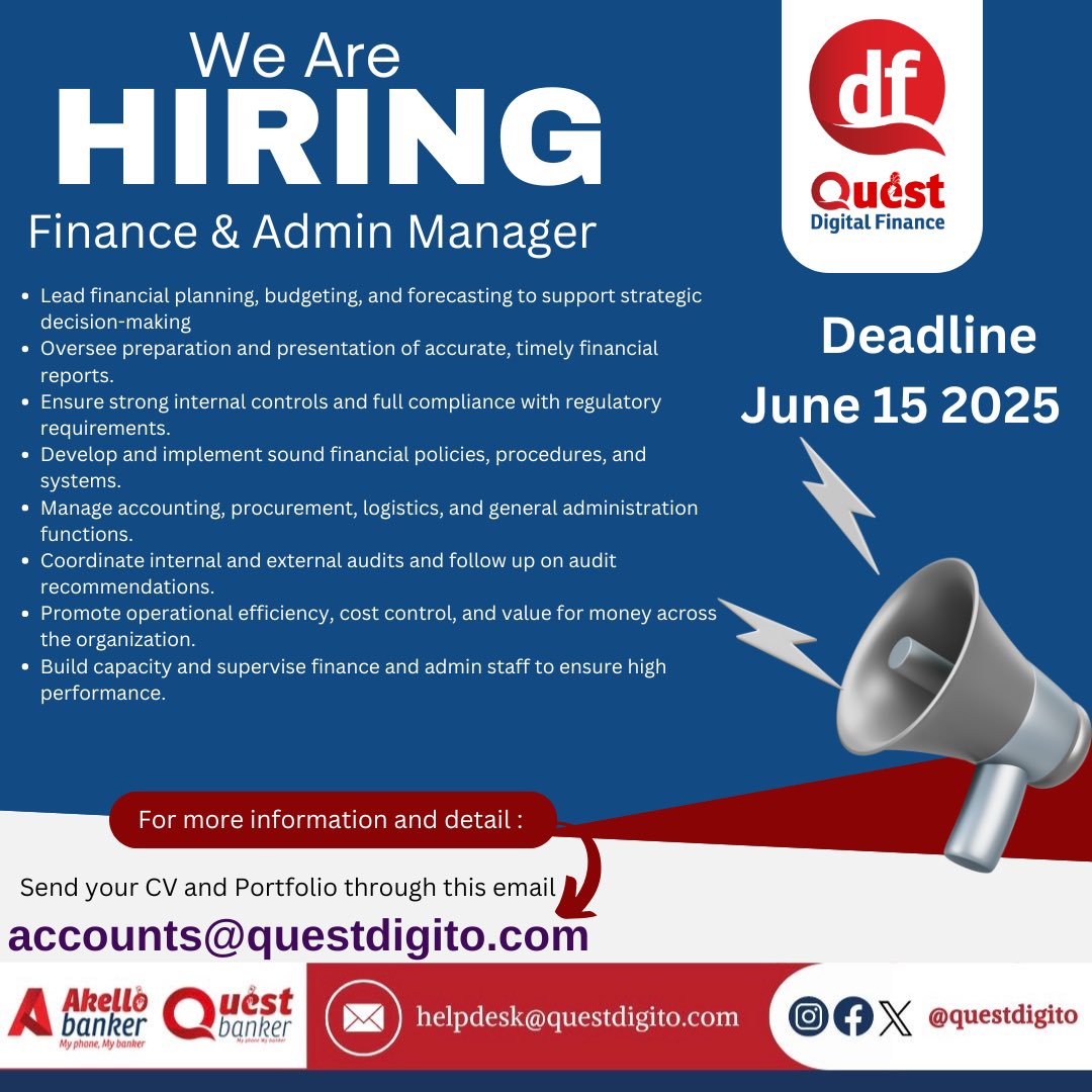 Quest Digital Finance (QDF) (@questdigito) on Twitter photo Job Alert!‼️
Join our team as a Finance and Admin Manager!
Are you qualified and ready to make an impact? Apply now.
#JobOpportunity #FinanceManager #AdminManager #Hiring #QuestDigito
<a href="/JOnyait/">Jean A Onyait</a> <a href="/atekerteso/">Emaju Peter Paul (EPP)</a> <a href="/MMcginily/">McGinily Mwiine</a> Job Alert!‼️
Join our team as a Finance and Admin Manager!
Are you qualified and ready to make an impact? Apply now.
#JobOpportunity #FinanceManager #AdminManager #Hiring #QuestDigito
<a href="/JOnyait/">Jean A Onyait</a> <a href="/atekerteso/">Emaju Peter Paul (EPP)</a> <a href="/MMcginily/">McGinily Mwiine</a>