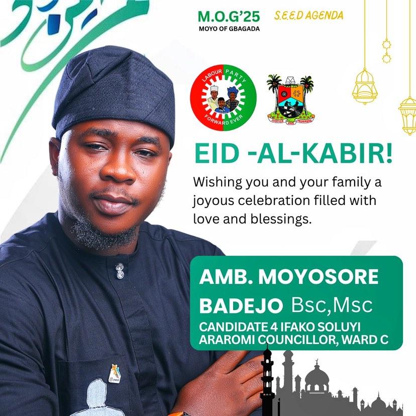 MyGbagada's tweet photo. As we celebrate this season of sacrifice, may your home be filled with peace, joy, and prosperity.
Wishing all residents of Ifako-Soluyi Araromi Community and beyond a blessed Eid-al-Kabir.
@MJAY_MOG
#MOG25 #EidMubarak #SEEDAgenda #LabourParty #GbagadaForward #WardC https://t.co/CMOZtG597j