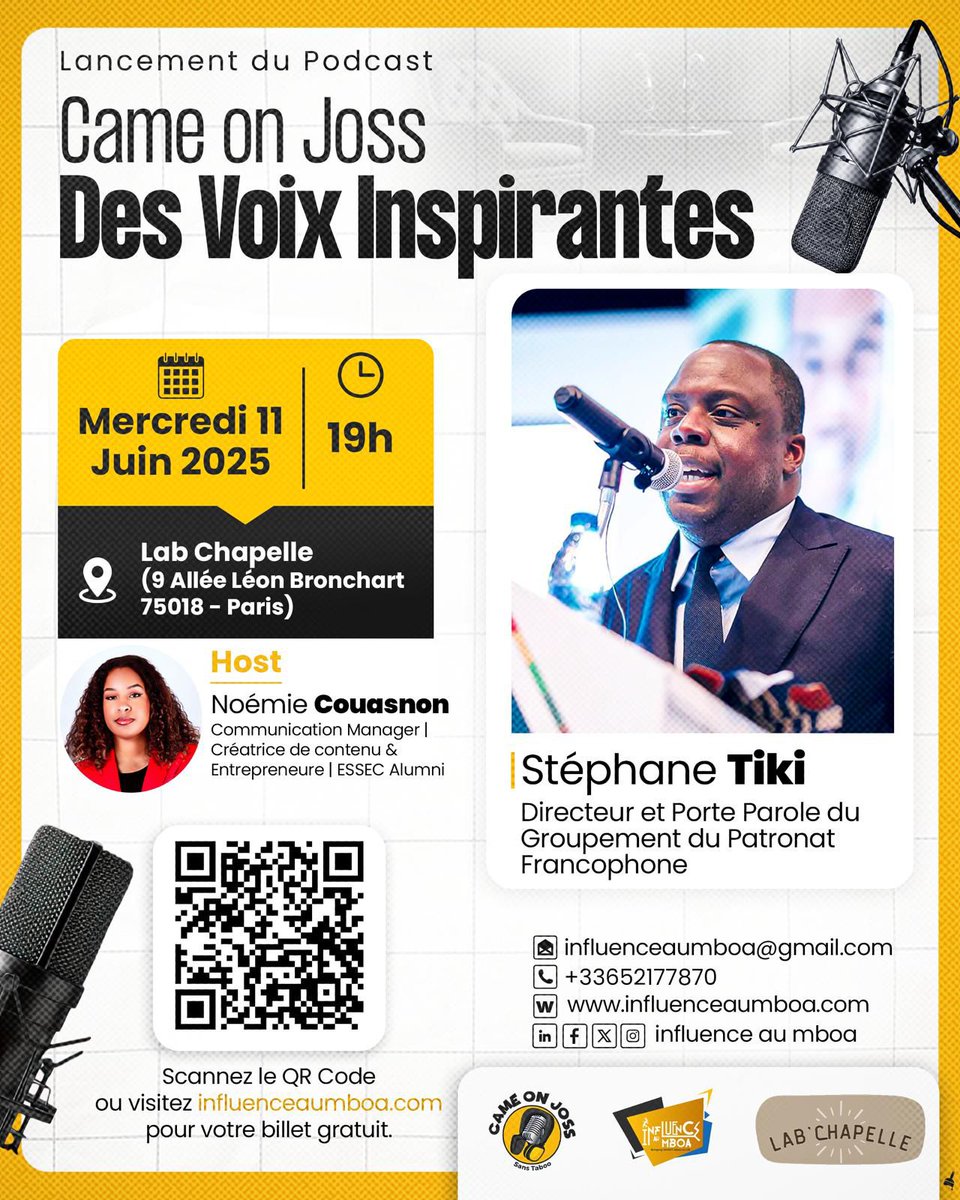 Influenceaumboa's tweet photo. 🎙️ Un podcast qui bouscule les codes !

Lien Gratuit pour la billetterie en commentaire.

Quand des mondes opposés se rencontrent pour inspirer une génération 🌍✨
📍**« Came On Joss »** – Talk &amp; Podcast inédit
🗓️ Mer 11 juin | 19h-21h | Lab Chapelle, Paris 18e https://t.co/P3khu9DnOa