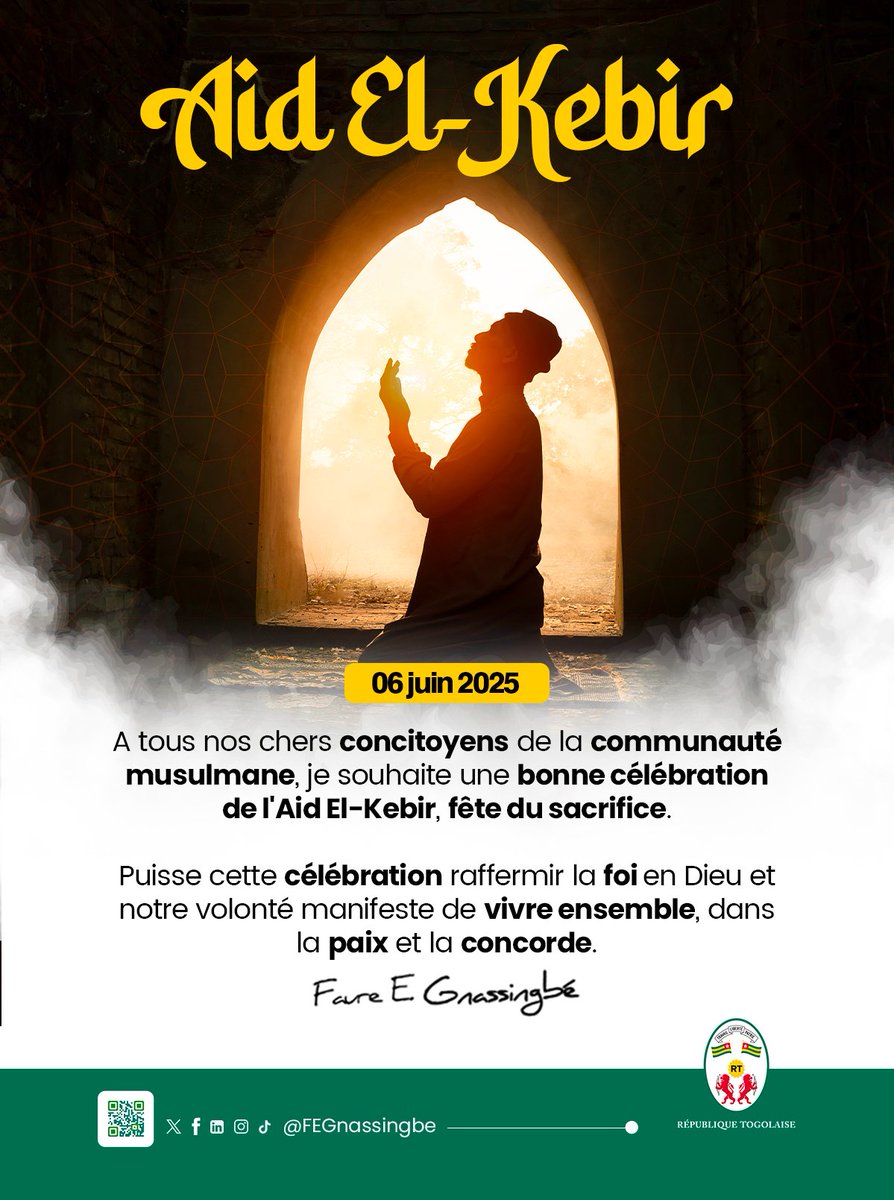 A tous nos chers concitoyens de la communauté musulmane, je souhaite une bonne célébration de l'Aid El-Kebir, fête du sacrifice.

Puisse cette célébration raffermir la foi en Dieu et notre volonté manifeste de vivre ensemble, dans la paix et la concorde.

FEG

#Tabaski2025