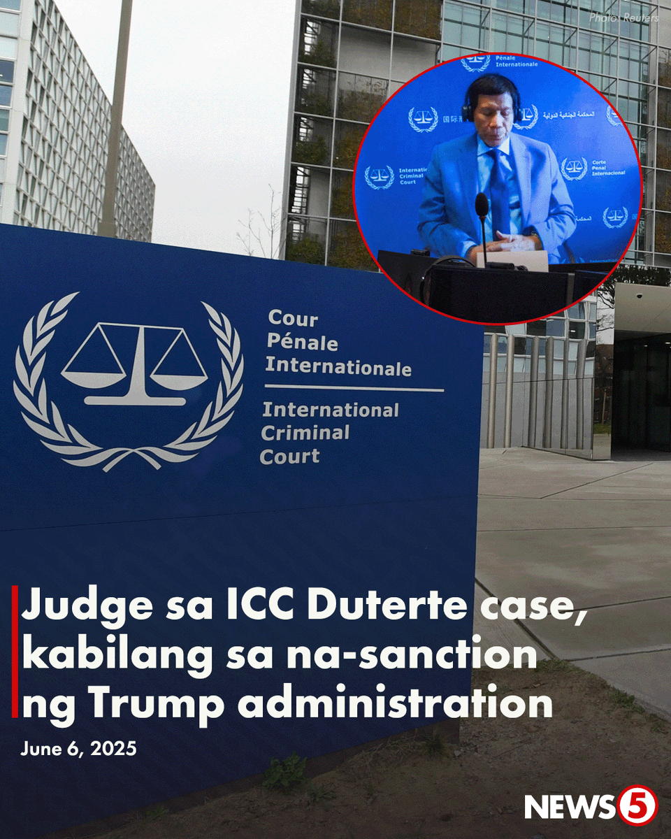 News5PH's tweet photo. ICC JUDGE IN DUTERTE CASE SANCTIONED BY U.S.

Pinatawan ng sanction ng administrasyon ni U.S. Pres. Donald Trump ang International Criminal Court (ICC) judge na si Reine Alapini-Gansou ng Benin at iba pang opisyal.

Nag-ugat ang sanction sa pag-iisyu ng arrest warrant ng international tribunal para kay Israeli Prime Minister Benjamin Netanyahu, at sa pagbubukas ng kaso ukol sa umano'y war crimes ng U.S. troops sa Afghanistan.

Si Alapini-Gansou ang isa sa mga judge na humahawak sa crimes against humanity case ni dating pangulong Rodrigo Duterte.

RELATED STORY: https://t.co/30wmtP743S