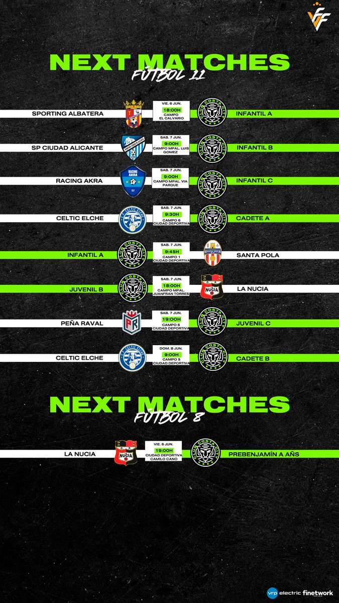 𝗡𝗘𝗫𝗧 𝗠𝗔𝗧𝗖𝗛𝗘𝗦 🗓️

Últimos partidos de la temporada 💪🏼

 ¡A por todo!⚽️

𝗩𝗔𝗠𝗢𝗦 𝗖𝗢𝗦𝗧𝗔 🖤💚
