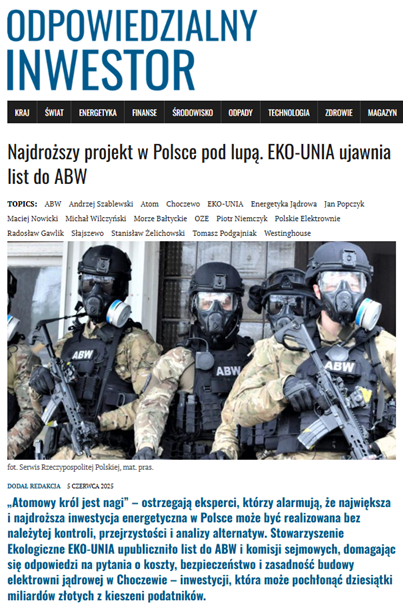 🔵☢️ 🔵⚠️

Radosław Gawlik, prezes EKO-UNII, były wiceminister ochrony środowiska poinformował na konferencji prasowej, że Stowarzyszenie Ekologiczne EKO-UNIA skierowało list do ABW oraz komisji sejmowych z prośbą o wyjaśnienie licznych wątpliwości towarzyszących tej największej