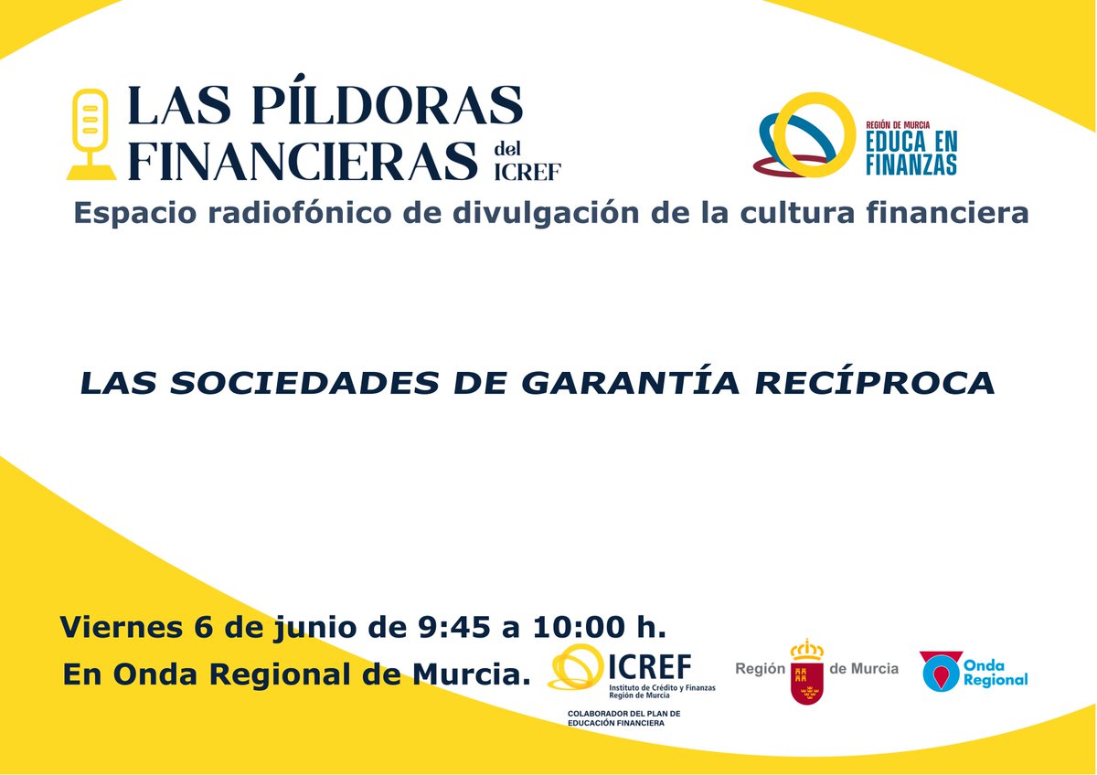 Las píldoras <a href="/ICREFRM/">Instituto de Crédito y Finanzas Región de Murcia</a> <a href="/ORMurcia/">Onda Regional</a> hoy con Diego Rodríguez-Linares Rey, Doctor en Economía, Profesor <a href="/EconomicasUMU/">Facultad de Economía y Empresa UMU</a>, economista y abogado que nos hablará sobre las "Sociedades de Garantía Recíproca", <a href="/avalam_sgr/">aválam</a> en la Región de Murcia.