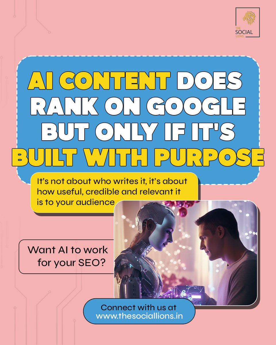 The_SocialLions's tweet image. AI content can rank - but only when it’s built for value, not volume.
At TSL, we guide AI to create strategic, SEO-smart, intent-driven content.
Let’s make your brand roar: thesociallions.in
#AIContentStrategy #SEOOptimizedContent #DigitalMarketing #Mumbai #AgencyInMumbai