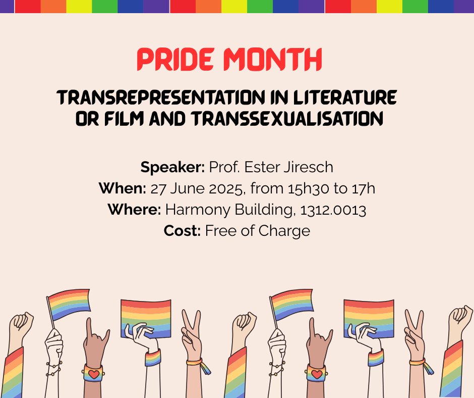 Join us for this Pride Month talk by Prof. Ester Jiresch on transrepresentation in literature or film and transsexualisation.

Date: Friday, June 27, 2025
Time: 15h30 to 17h
Location: 1312.0013, Harmony Building

Register via our website: gophergroningen.com/events/ld6fjby…