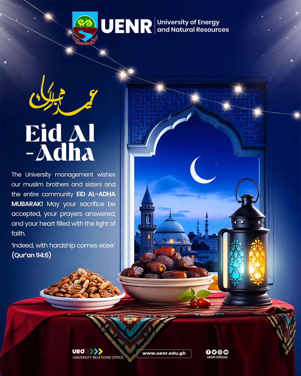 May the spirit of sacrifice and faith bring peace and happiness to your heart. From the Management of  UENR, we wish our Muslim community happy Eid-ul-Adha.
#Uenr #Uenrishome #EidMubarak #EidAlAdha #EidAlAdha2025