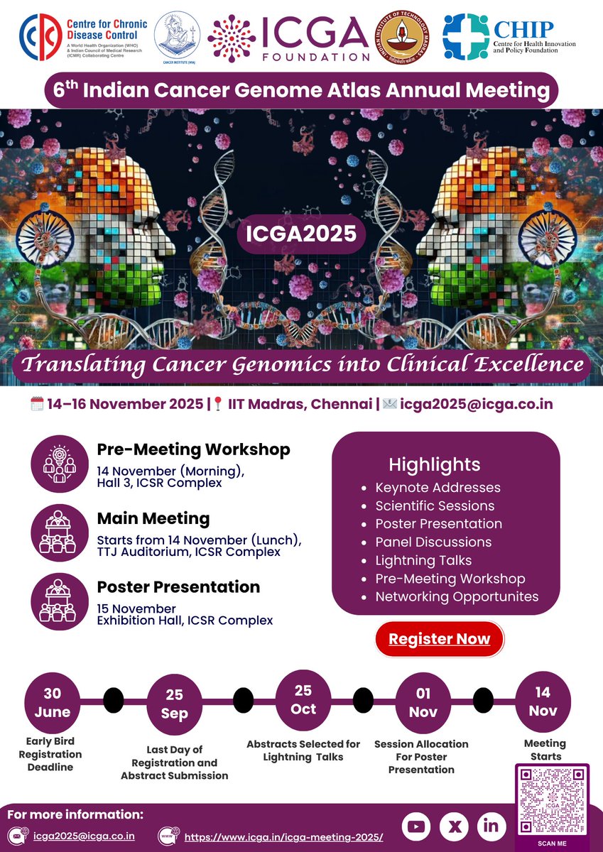 ICGA_India's tweet image. ๐จ Early Bird ends 30 June!
Join #ICGA2025 at IIT Madras (Nov 14โ16) โ Indiaโs leading #CancerGenomics event.
Workshops, abstracts, networking & more.
๐ฏ Theme: Translating Genomics into Clinical Excellence
๐ Register: icga.in/icga-meeting-2โฆ