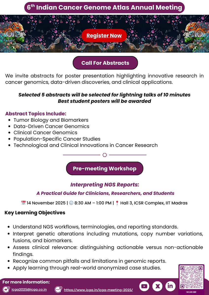ICGA_India's tweet image. ๐จ Early Bird ends 30 June!
Join #ICGA2025 at IIT Madras (Nov 14โ16) โ Indiaโs leading #CancerGenomics event.
Workshops, abstracts, networking & more.
๐ฏ Theme: Translating Genomics into Clinical Excellence
๐ Register: icga.in/icga-meeting-2โฆ