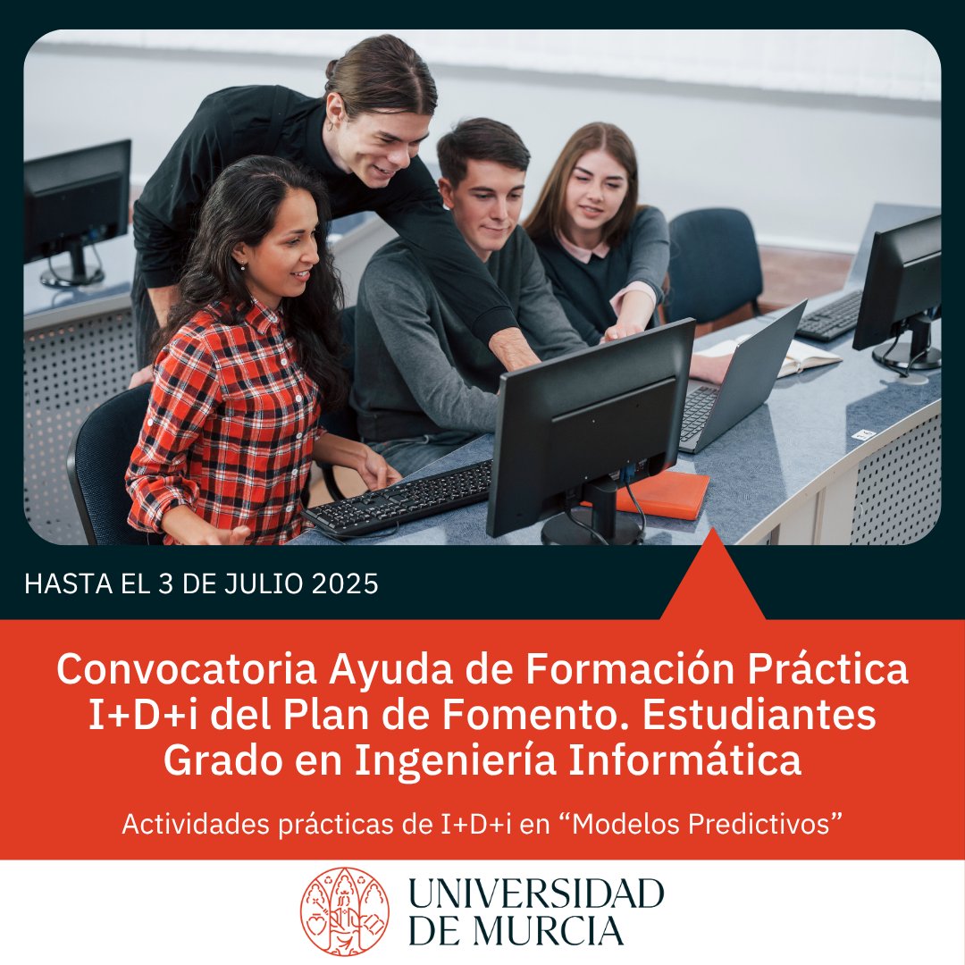 Research-UMU (@research_um) on Twitter photo 📢 Abierta la convocatoria de Ayudas para estudiantes de Ingeniería Informática <a href="/UMU/">Universidad Murcia</a> en prácticas de I+D+i sobre “Modelos Predictivos”
Duración: 3 meses (renovable)
Importe: 600 €/mes
🗓️ Solicitudes hasta el 3 de julio 2025
Más info 👉 t.um.es/2iiW5m 📢 Abierta la convocatoria de Ayudas para estudiantes de Ingeniería Informática <a href="/UMU/">Universidad Murcia</a> en prácticas de I+D+i sobre “Modelos Predictivos”
Duración: 3 meses (renovable)
Importe: 600 €/mes
🗓️ Solicitudes hasta el 3 de julio 2025
Más info 👉 t.um.es/2iiW5m