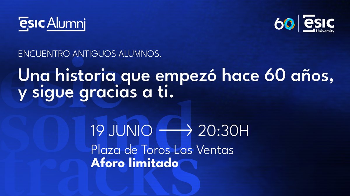 🎶 ¿Eres parte de ESIC University?
Este 19 de junio celebramos 60 años contigo.
Música en directo, reencuentros, marketing con ritmo y mucha emoción. Plaza de Las Ventas. ¡Últimas plazas! Reserva ya gratis la tuya.
🎟️ esic.edu/landings/esic-… #ESICAlumni #ESIC60Aniversario