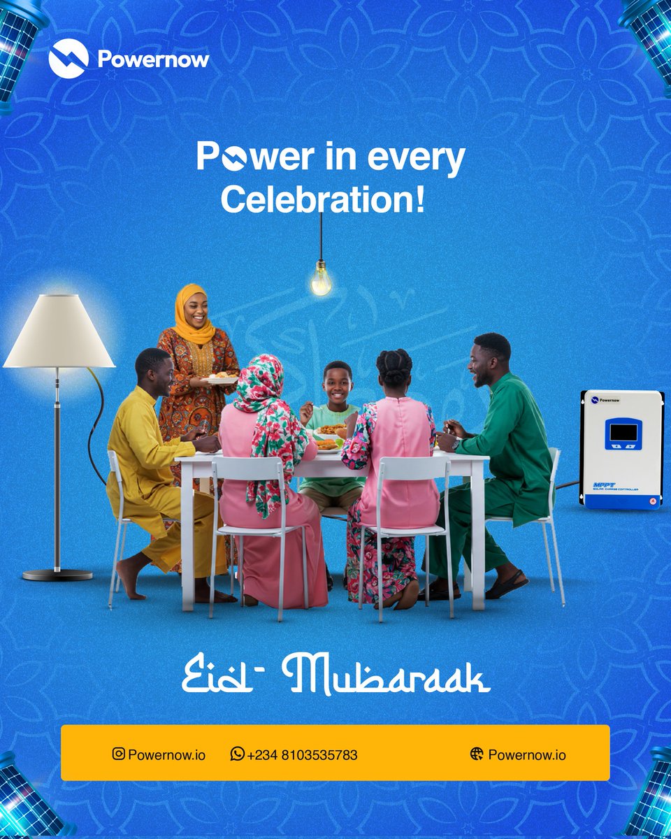 powernow_io's tweet photo. POWER in Every Celebration!
This Eid, let your moments shine bright—literally!
From lights to laughter, may your home stay powered with joy, peace, and endless blessings.
Eid Mubarak from all of us at POWERNOW!
#PowerNow #EidMubarak #CelebrateWithPower #SolarForAll https://t.co/ju9pPuO3Iz
