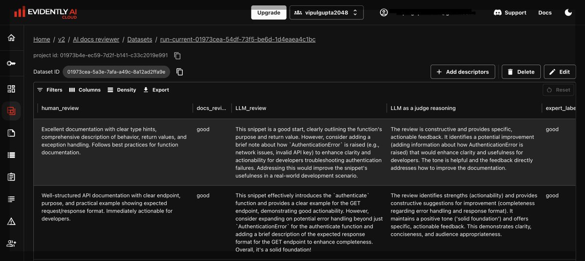 Vipul Gupta (@vipulgupta2048) on Twitter photo Tiny step into AI evals with <a href="/EvidentlyAI/">Evidently AI</a>
Built an AI docs reviewer using <a href="/GeminiApp/">Google Gemini App</a> 2.5 Pro
Evaluated by Gemma 3 12B using LLM as a judge
- 65% accuracy for now
- RLAIF next to improve reviews
- Add agents to fetch context
Feels like I am rebuilding <a href="/coderabbitai/">CodeRabbit</a>
Progress! Tiny step into AI evals with <a href="/EvidentlyAI/">Evidently AI</a>
Built an AI docs reviewer using <a href="/GeminiApp/">Google Gemini App</a> 2.5 Pro
Evaluated by Gemma 3 12B using LLM as a judge
- 65% accuracy for now
- RLAIF next to improve reviews
- Add agents to fetch context
Feels like I am rebuilding <a href="/coderabbitai/">CodeRabbit</a>
Progress!