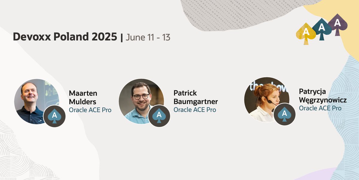 Oracle ACE Program (@oracleace) on Twitter photo During 3 days, 2,700 Devoxxians from 20 different countries will attend Devoxx Poland, making Devoxx the biggest Java conference in Poland. π€©
Register now and meet our Oracle ACEs speaking at the event π
social.ora.cl/6019Nh4If
<a href="/mthmulders/">Maarten Mulders ππ</a> <a href="/patbaumgartner/">Patrick Baumgartner</a> <a href="/yonlabs/">Patrycja Wegrzynowicz</a> <a href="/DevoxxPL/">Devoxx Poland π΅π± 11 - 13 June 2025</a> During 3 days, 2,700 Devoxxians from 20 different countries will attend Devoxx Poland, making Devoxx the biggest Java conference in Poland. π€©
Register now and meet our Oracle ACEs speaking at the event π
social.ora.cl/6019Nh4If
<a href="/mthmulders/">Maarten Mulders ππ</a> <a href="/patbaumgartner/">Patrick Baumgartner</a> <a href="/yonlabs/">Patrycja Wegrzynowicz</a> <a href="/DevoxxPL/">Devoxx Poland π΅π± 11 - 13 June 2025</a>