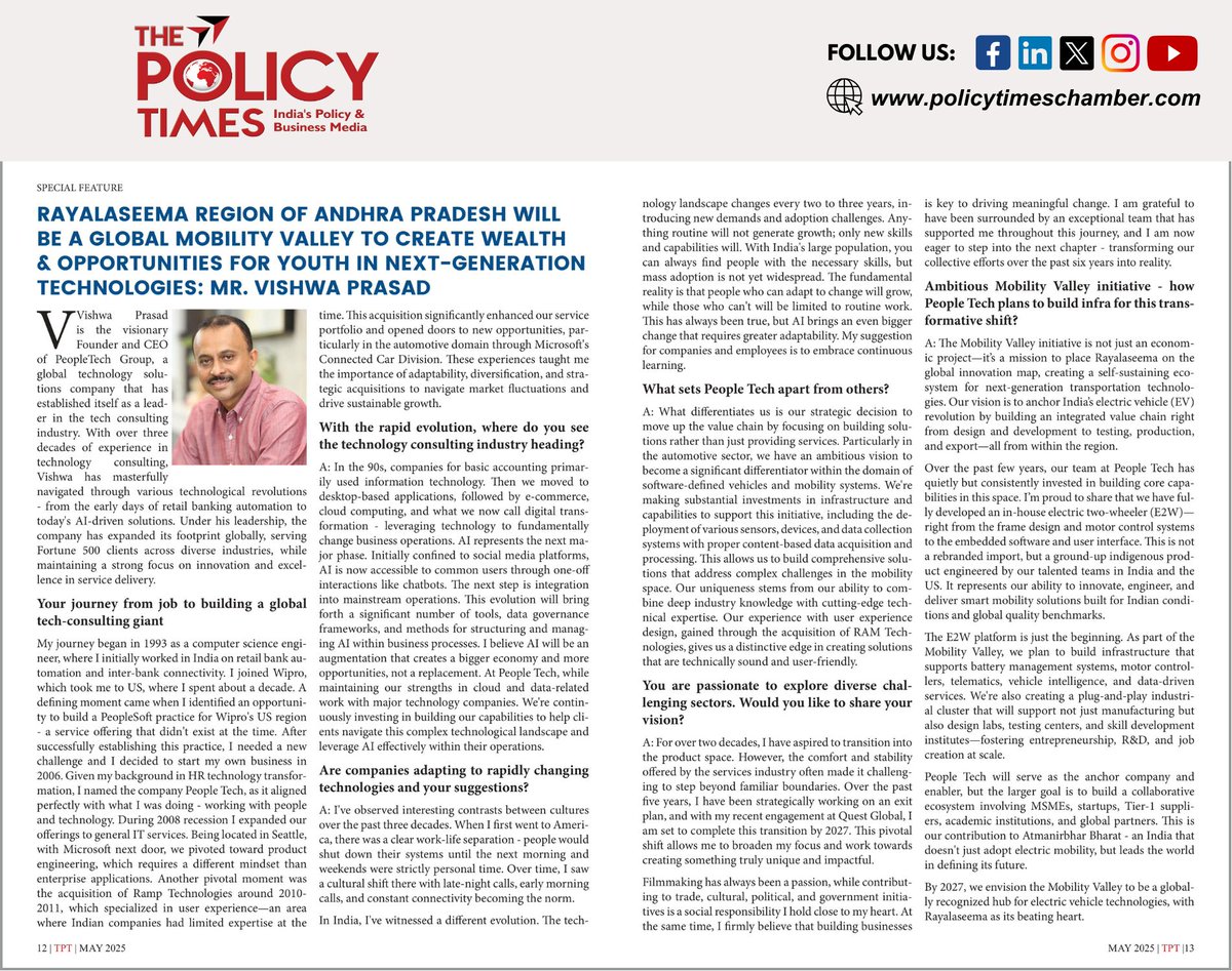 thepolicytimes's tweet image. From Rayalaseema to Global Mobility Valley
Vishwa Prasad, CEO of PeopleTech Group, is turning Andhra’s Rayalaseema into a global EV &amp;amp; smart mobility hub by 2027 with indigenous tech &amp;amp; innovation. 🇮🇳⚡️

#MobilityValley #EVRevolution #MakeInIndia #SmartMobility #AtmanirbharBharat
