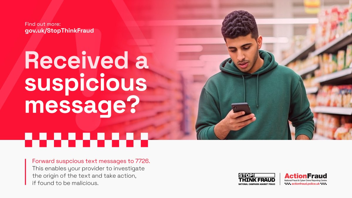 🚨 Did you know you can report suspicious text messages for free? Just forward them to 7726.

ℹ️Your network provider can investigate the origin of the text and take action if it's found to be malicious.

#ReportThePhish