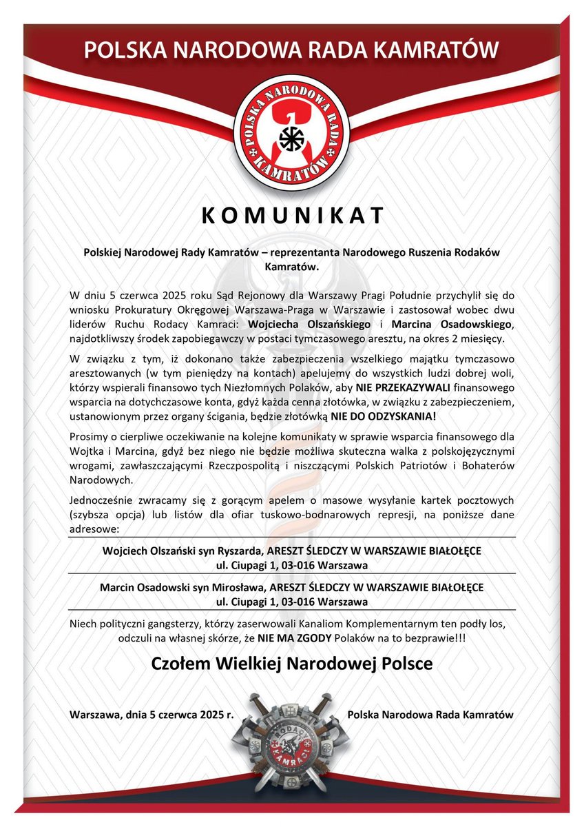 Komunikat Polskiej Narodowej Rady Kamratów z dnia 5 czerwca 2025.