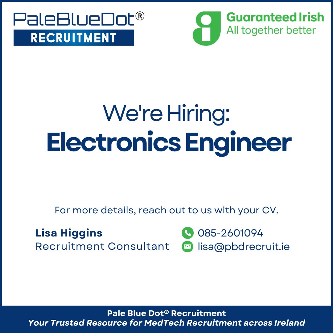 We are looking for a motivated and experienced Electronics Engineer to join a dynamic engineering team working on innovative medical technologies. 

Contact Lisa or visit pbdrecruit.ie/explorejobs/#j…
for all the details
#PaleBlueDotRecruitment #MedTech