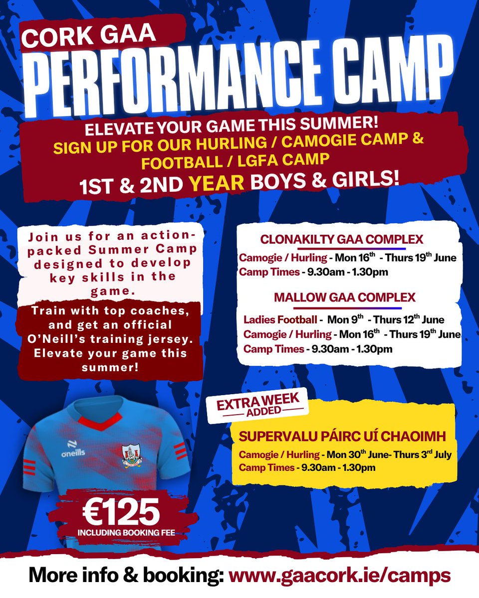 EXTRA WEEK ADDED for Hurling and Camogie in SuperValu Páirc Uí Chaoimh for our performance camp 2025..... check out more here gaacork.ie/camps/register/
