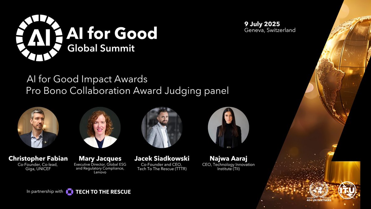 AI for Good 🇺🇳 #AIforGood (@aiforgood) on Twitter photo We’re pleased to announce the judging panel for the #AIforGood Impact Awards 2025, organized by the <a href="/ITU/">Int’l Telecommunication Union</a> in partnership with <a href="/TechToTheRescue/">Tech To The Rescue</a>!
Following a global call that attracted over 320 applications, expert judges are now reviewing submissions across the categories of AI We’re pleased to announce the judging panel for the #AIforGood Impact Awards 2025, organized by the <a href="/ITU/">Int’l Telecommunication Union</a> in partnership with <a href="/TechToTheRescue/">Tech To The Rescue</a>!
Following a global call that attracted over 320 applications, expert judges are now reviewing submissions across the categories of AI