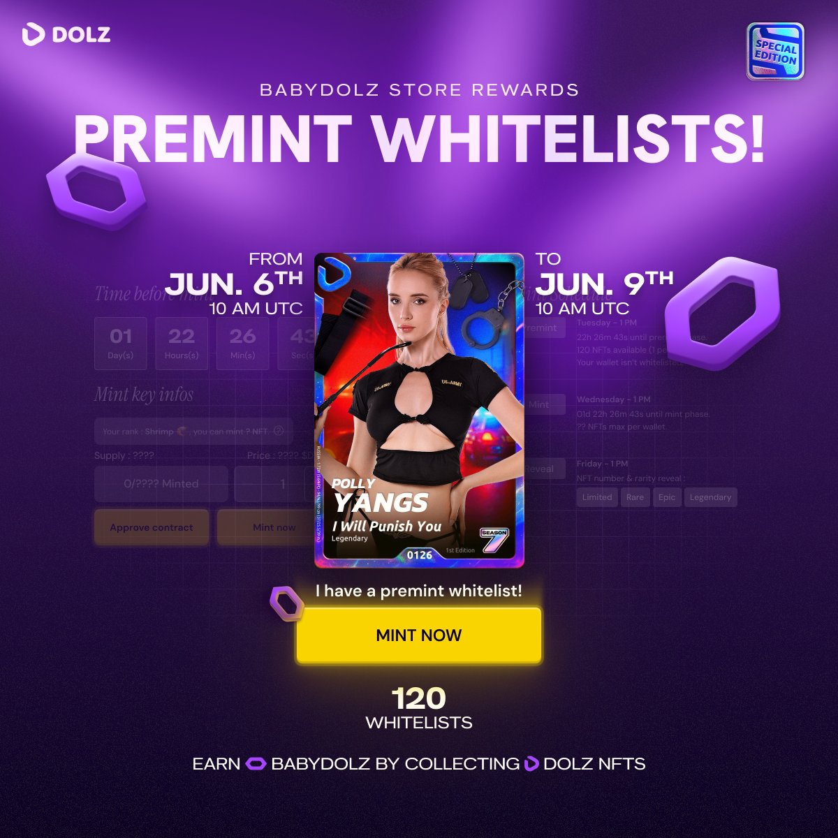 PREMINT WHITELIST AUCTION IS LIVE!

Available exclusively to BabyDOLZ holders.  Secure your whitelist NOW to premint <a href="/PollyYangs/">PollyYangs</a>'s NFTs! 

120 whitelist spots are up for grabs in this auction and will close on Monday, June 9th, at 10 AM UTC.  

BID NOW: istripper.com/market_baby_do…